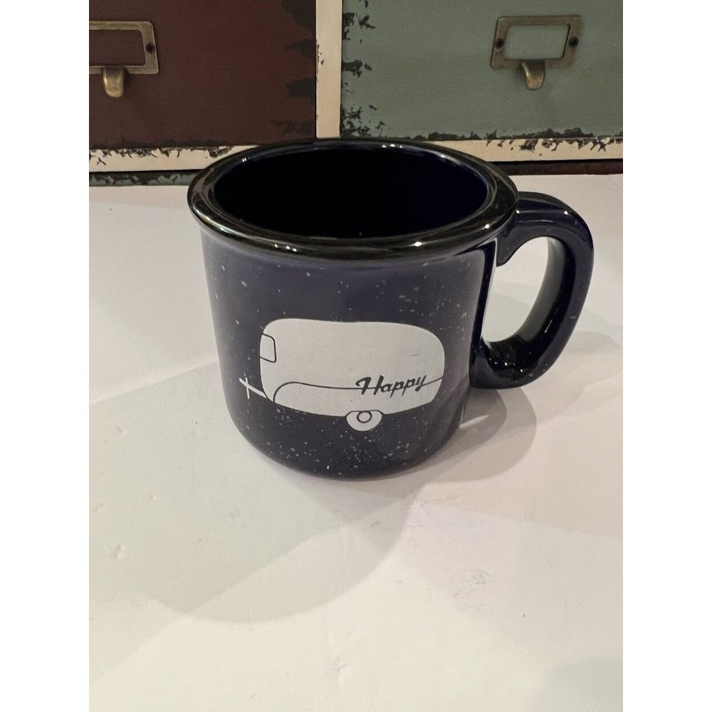 Coffee Mug Happy Camper RV RECREATIONAL CAMPING 20oz Big Blue Speckled NEW
